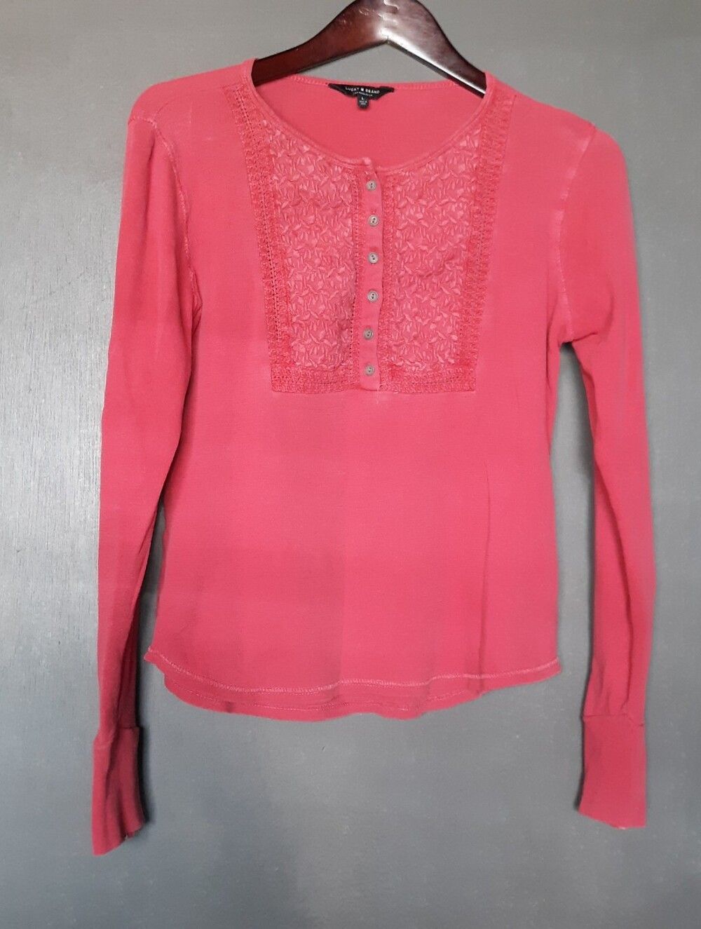 Lucky Brand Coral Pink Button-Front Textured Blouse Waffle Knit Long Sleeve LG